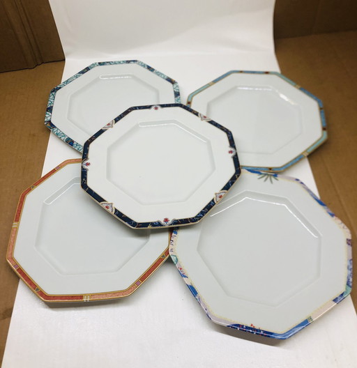 Lot De 5 Assiettes Hexagonales En Porcelaine De Limoges Circa 1990