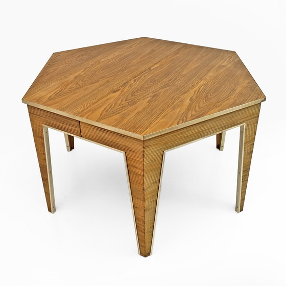 Image 1 of Table de salle à manger à rallonge en chêne et laiton, Italie, années 1970, Mid Century