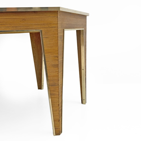 Image 1 of Table de salle à manger à rallonge en chêne et laiton, Italie, années 1970, Mid Century