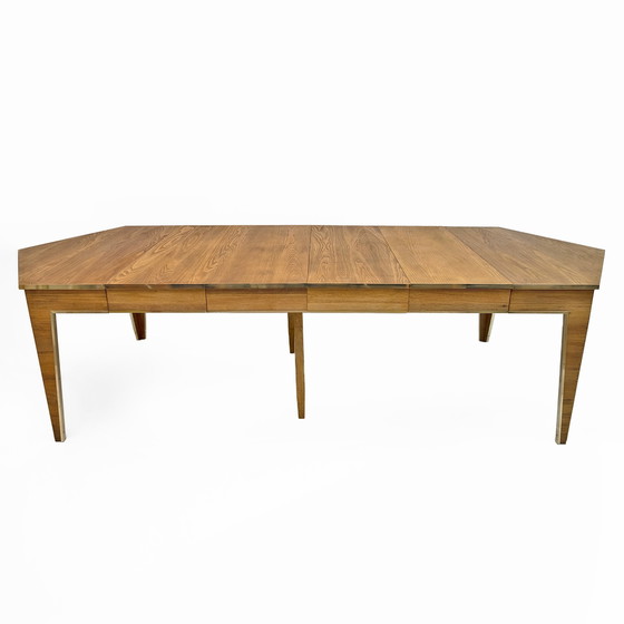 Image 1 of Table de salle à manger à rallonge en chêne et laiton, Italie, années 1970, Mid Century