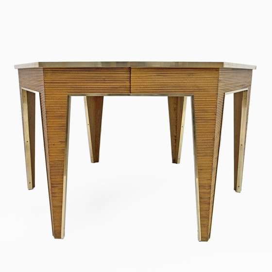 Image 1 of Table de salle à manger à rallonge en chêne et laiton, Italie, années 1970, Mid Century