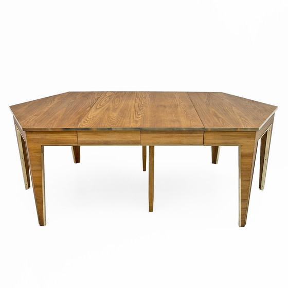 Image 1 of Table de salle à manger à rallonge en chêne et laiton, Italie, années 1970, Mid Century