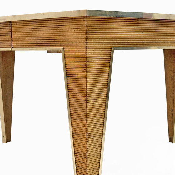 Image 1 of Table de salle à manger à rallonge en chêne et laiton, Italie, années 1970, Mid Century