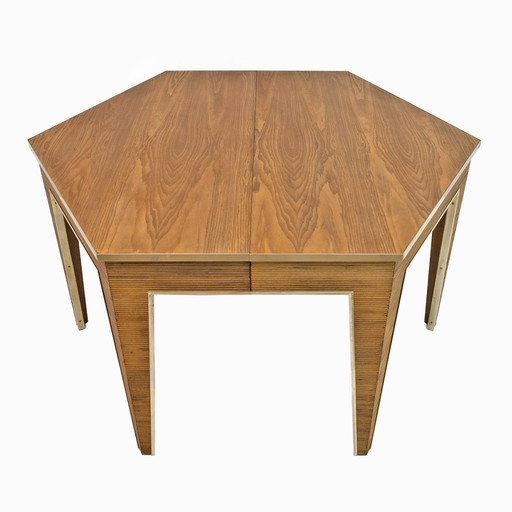 Table de salle à manger à rallonge en chêne et laiton, Italie, années 1970, Mid Century