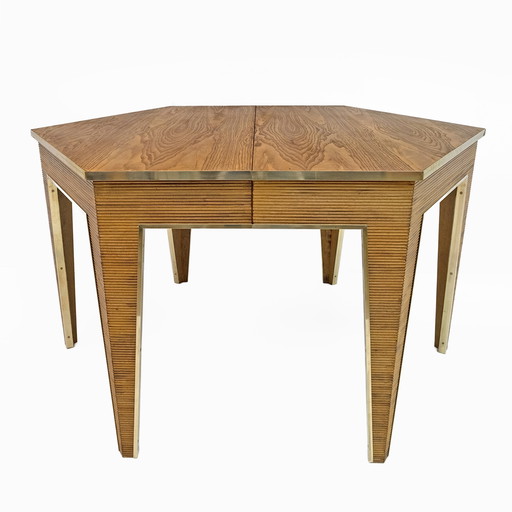 Table de salle à manger à rallonge en chêne et laiton, Italie, années 1970, Mid Century