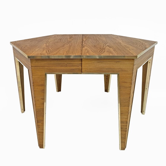 Image 1 of Table de salle à manger à rallonge en chêne et laiton, Italie, années 1970, Mid Century