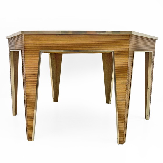 Image 1 of Table de salle à manger à rallonge en chêne et laiton, Italie, années 1970, Mid Century