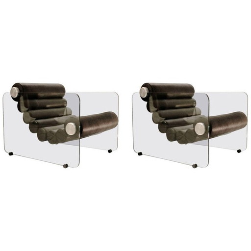 Paire de fauteuils vintage "Hyaline" en verre et cuir noir par Fabio Lenci, Italie 1970