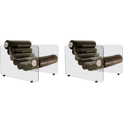 Paire de fauteuils vintage "Hyaline" en verre et cuir noir par Fabio Lenci, Italie 1970