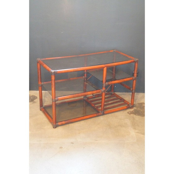 Image 1 of Bibliothèque vintage en rotin, cuir et verre fumé, 1970