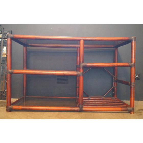 Image 1 of Bibliothèque vintage en rotin, cuir et verre fumé, 1970