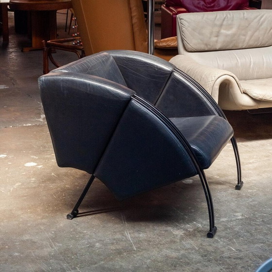 Image 1 of Fauteuil vintage en métal noir et cuir noir, 1980