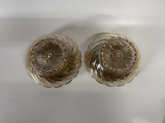 Image 1 of Set Mid Century Floral Wall Lamp/ Ceiling Lamps Amber/ Gold Flower