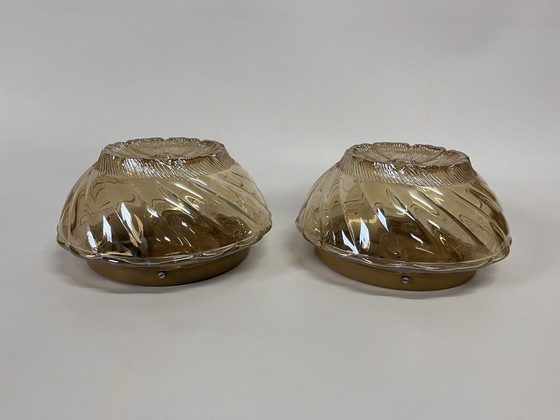 Image 1 of Set Mid Century Floral Wall Lamp/ Ceiling Lamps Amber/ Gold Flower