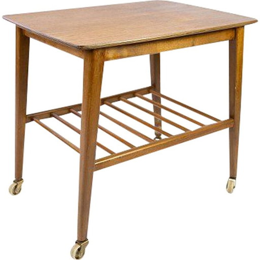 Table d'appoint vintage en teck avec étagère et roulettes Danemark années 1960