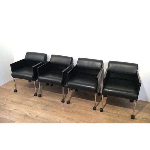 Ensemble de 4 fauteuils en cuir vintage 1970