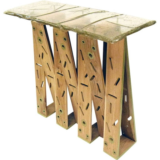 Console vintage "Golden eyes" en bois exotique, résine et laiton, années 1990