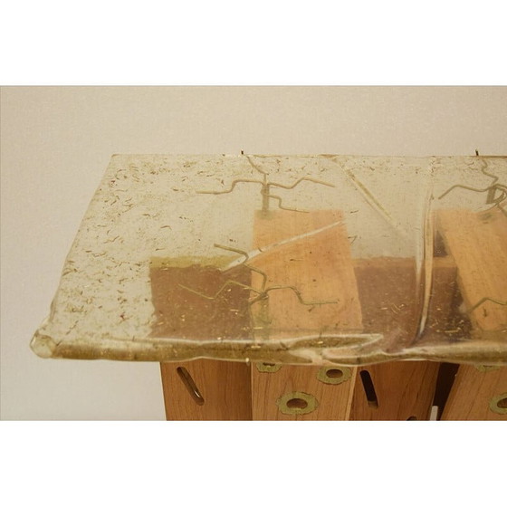 Image 1 of Console vintage "Golden eyes" en bois exotique, résine et laiton, années 1990