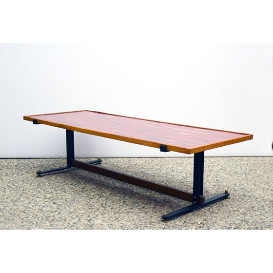 Image 1 of Table basse vintage en bois et cuivre émaillé, Italie 1950