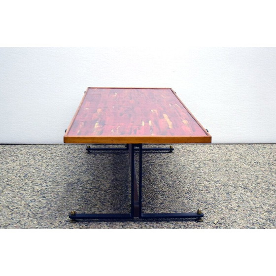 Image 1 of Table basse vintage en bois et cuivre émaillé, Italie 1950