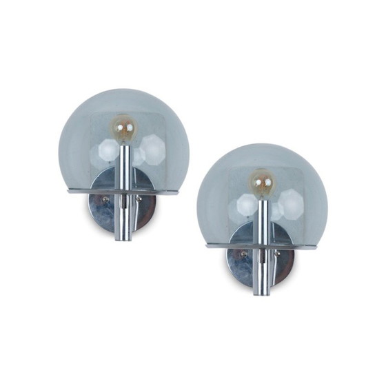 Image 1 of Paire d'appliques vintage en métal chromé et verre fumé de forme boulle par Gaetano Sciolari, Italie 1970