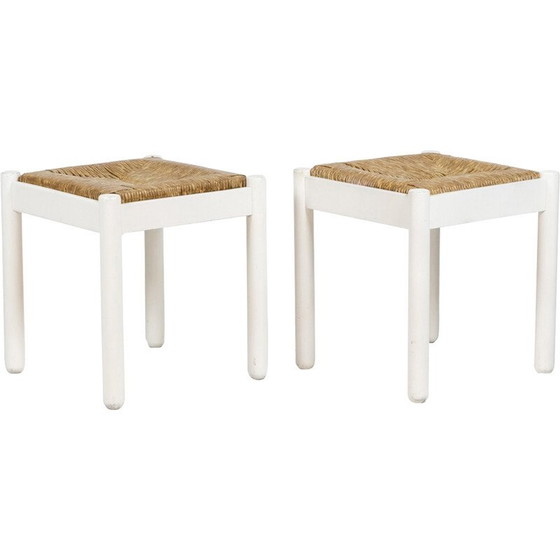 Image 1 of Paire de tabourets vintage en bois laqué et paille, 1970