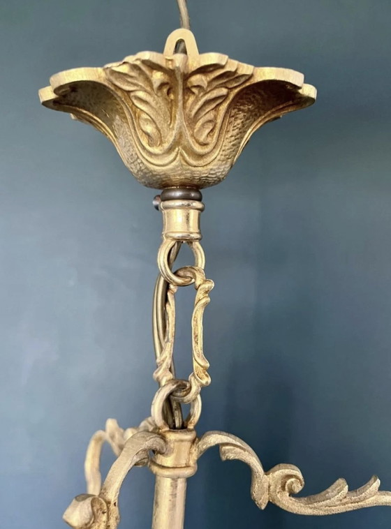 Image 1 of Lanterne À Suspension Art Nouveau En Bronze Doré Et Facettes De Verre 1900