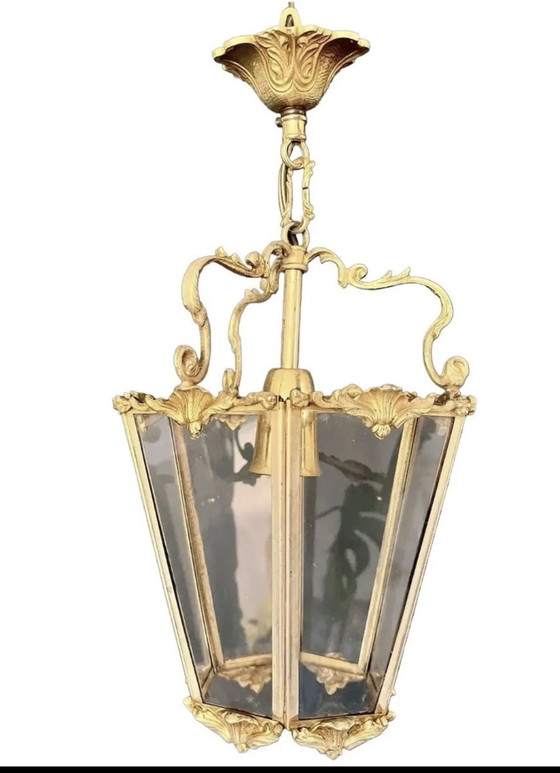 Image 1 of Lanterne À Suspension Art Nouveau En Bronze Doré Et Facettes De Verre 1900