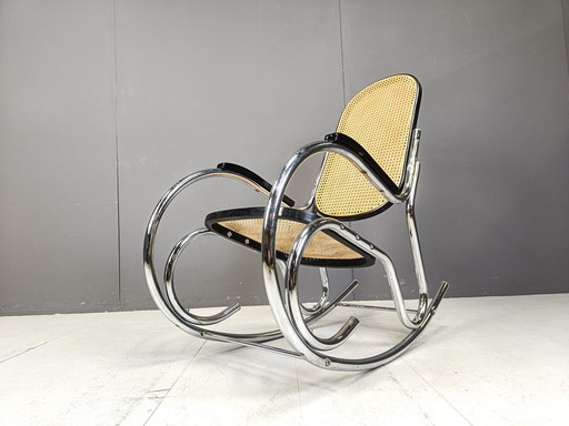 Chaise à bascule vintage en chrome et rotin, 1960S