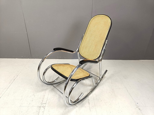 Chaise à bascule vintage en chrome et rotin, 1960S