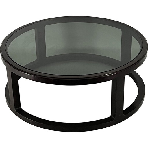 Table basse ronde vintage en bois et verre fumé, Italie 1970