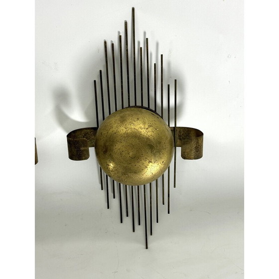 Image 1 of Ensemble de 3 lampes murales vintage en métal doré, Italie 1950