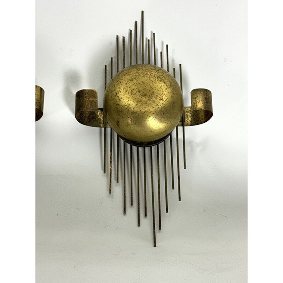 Image 1 of Ensemble de 3 lampes murales vintage en métal doré, Italie 1950