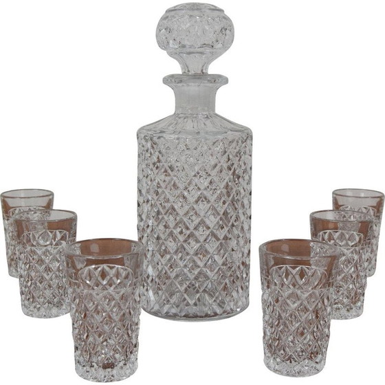 Image 1 of Ensemble de 6 verres et carafes en cristal vintage, Tchécoslovaquie 1950