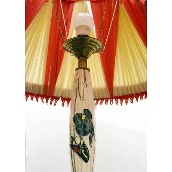 Image 1 of Lampadaire vintage en céramique avec table et abat-jour original, 1950