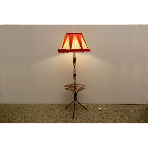 Lampadaire vintage en céramique avec table et abat-jour original, 1950