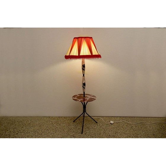 Image 1 of Lampadaire vintage en céramique avec table et abat-jour original, 1950