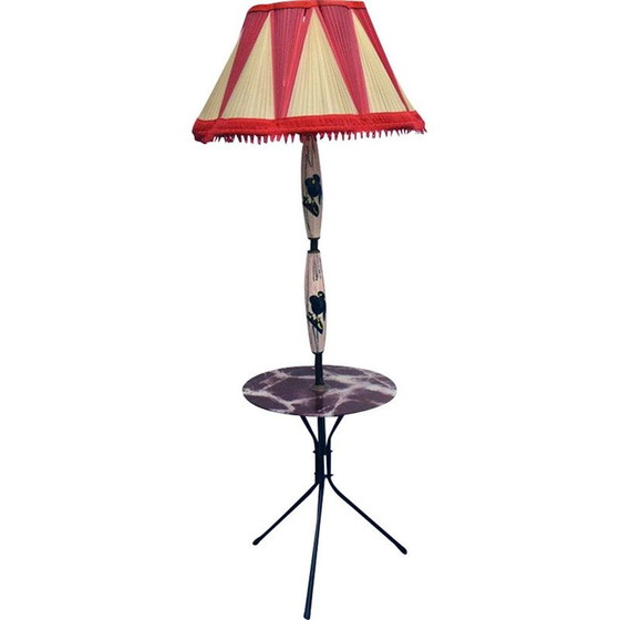 Image 1 of Lampadaire vintage en céramique avec table et abat-jour original, 1950
