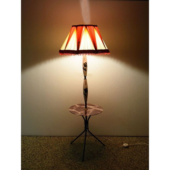 Image 1 of Lampadaire vintage en céramique avec table et abat-jour original, 1950