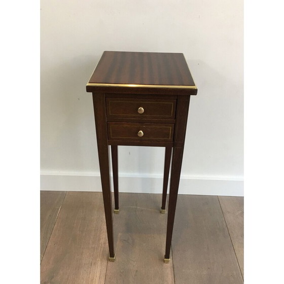 Image 1 of Table néoclassique vintage en acajou et laiton avec tiroirs et tirettes révélant 2 cendriers, 1940