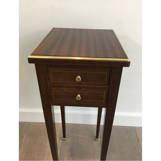 Image 1 of Table néoclassique vintage en acajou et laiton avec tiroirs et tirettes révélant 2 cendriers, 1940