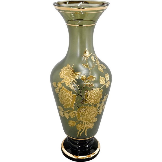 Image 1 of Vase vintage en verre vert avec décor doré, Tchécoslovaquie, années 1960