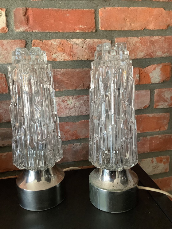 Image 1 of 1960s Set Of 2 Rock Ice Glass Table Lamps, Chrome Base, German Mid Century