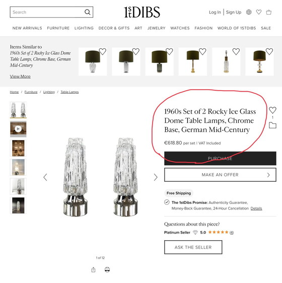 Image 1 of 1960s Set Of 2 Rock Ice Glass Table Lamps, Chrome Base, German Mid Century