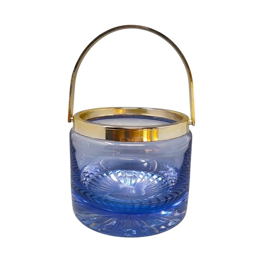 1970S Gorgeous Blue Ice Bucket In Crystal By L.A.C.S. Made In Italy.