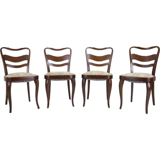 Ensemble de 4 chaises de salle à manger vintage en bois et tissu, Tchécoslovaquie, années 1940