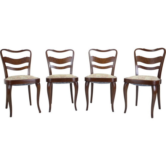 Image 1 of Ensemble de 4 chaises de salle à manger vintage en bois et tissu, Tchécoslovaquie, années 1940