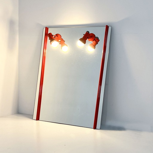 Miroir de courtoisie rouge en métal avec lampes réglables, 1970S