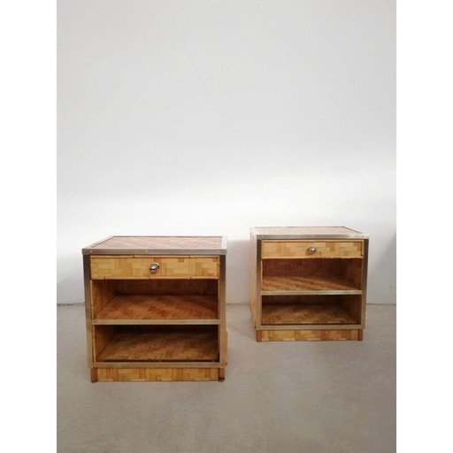 Paire de tables de nuit vintage en bambou et rotin, Italie 1970
