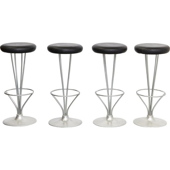 Image 1 of Ensemble de 4 tabourets de bar vintage en cuir noir par Piet Hein, 1961